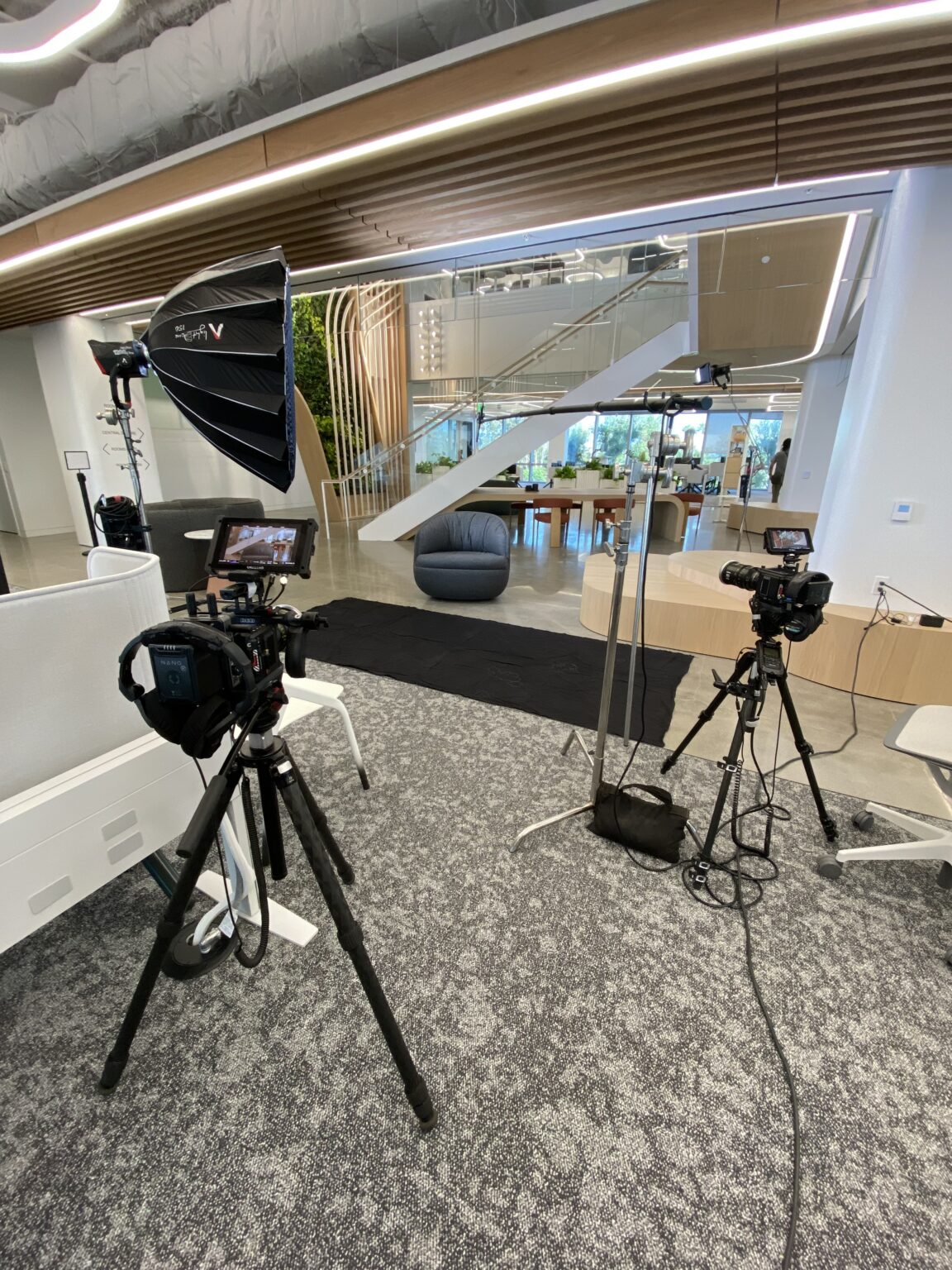 Lit interview set with two cameras ready to roll